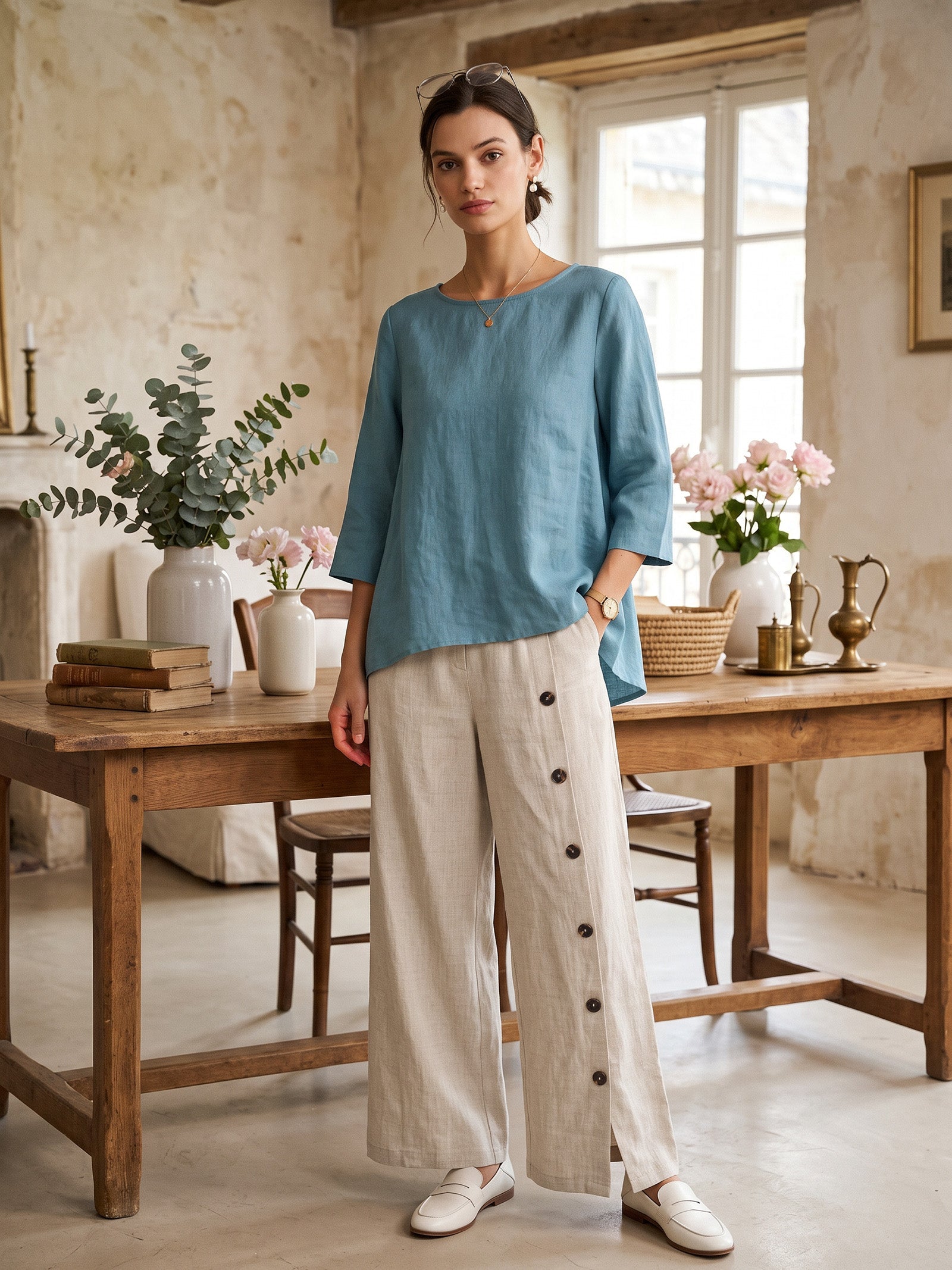 100% Linen Round Neck Asymmetrical Hem Top BRIANNA LINTICO