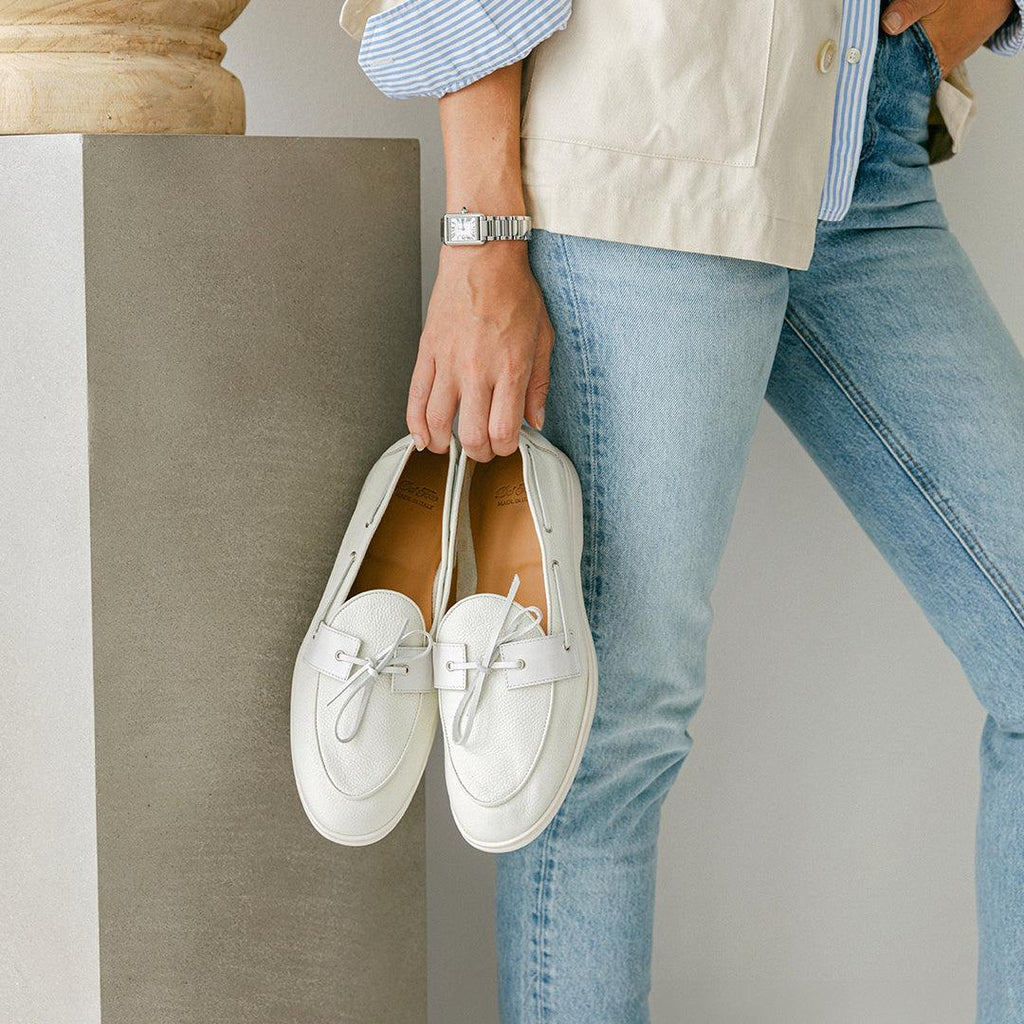 Women's White Pebbled Leather Barca Yacht Loafer Del Toro Shoes