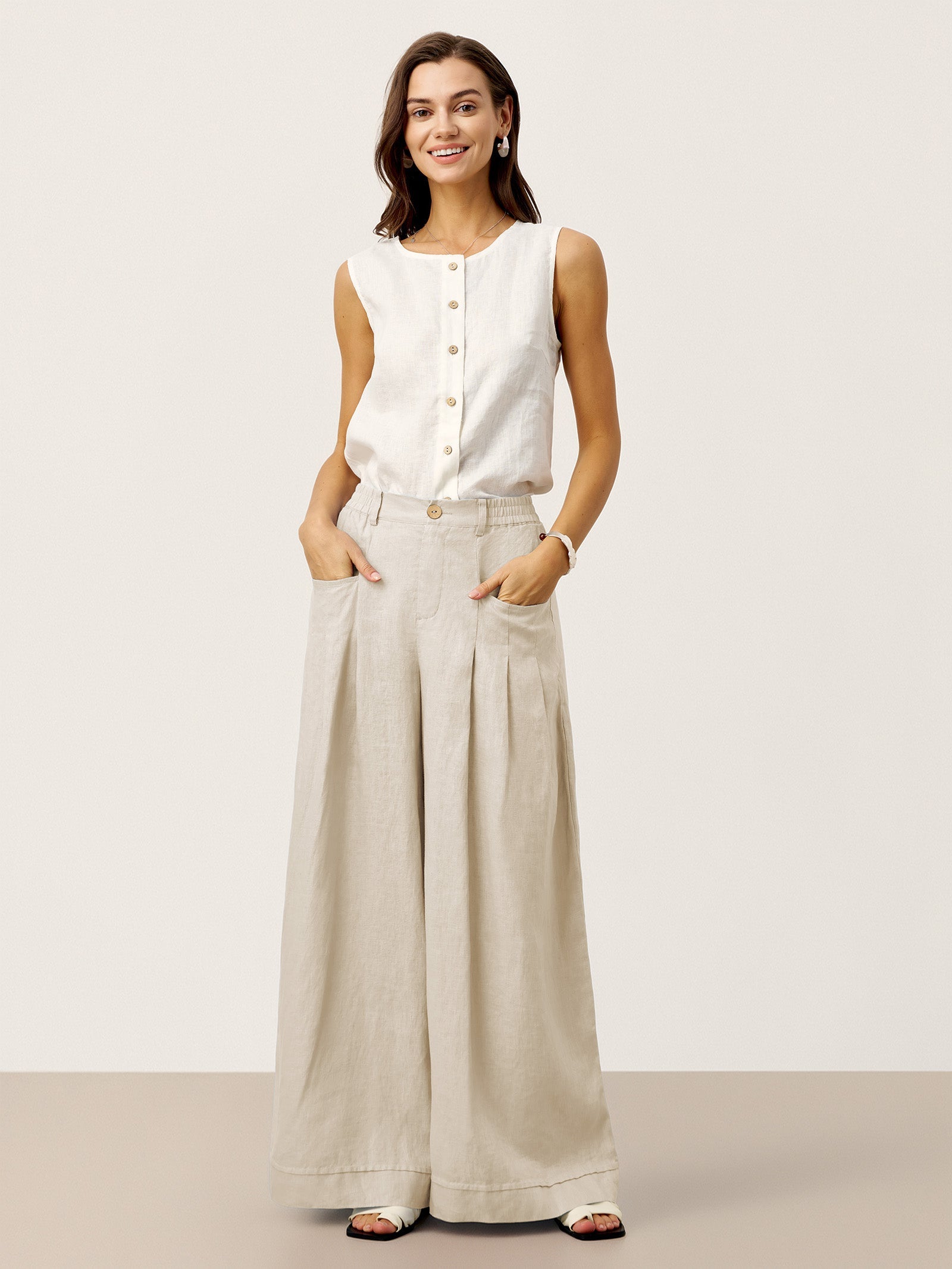 100% Linen Sculpted Pleat Elasticated Back Relaxed Pants VERIDIANA LINTICO