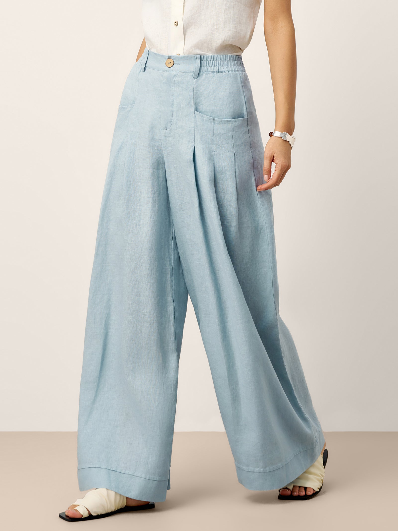 100% Linen Sculpted Pleat Elasticated Back Relaxed Pants VERIDIANA LINTICO