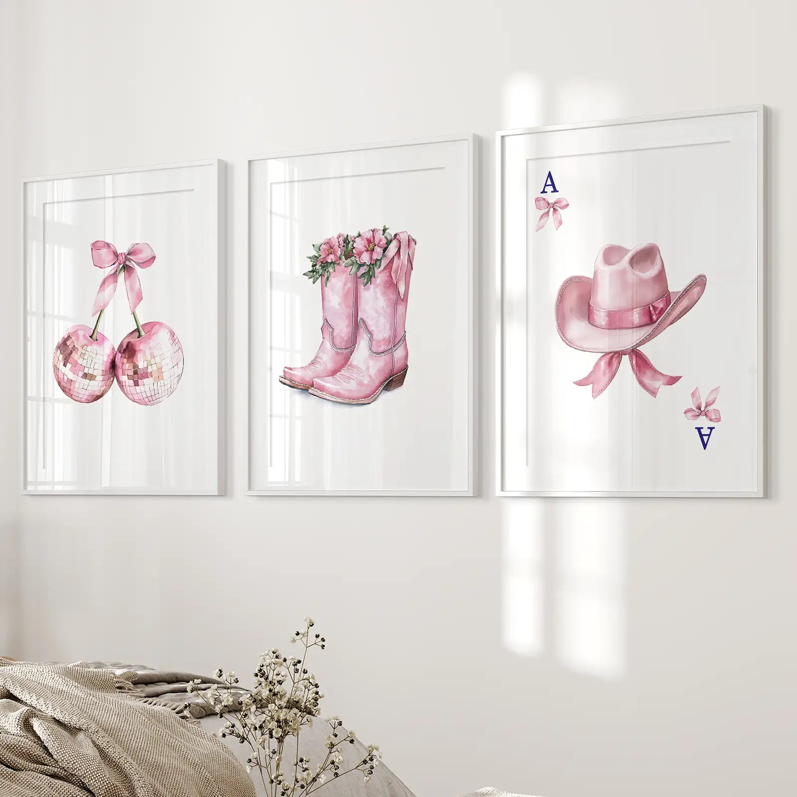 Cowgirl Hat and Boots Wall Art Pink Poster Set Wall Art Set