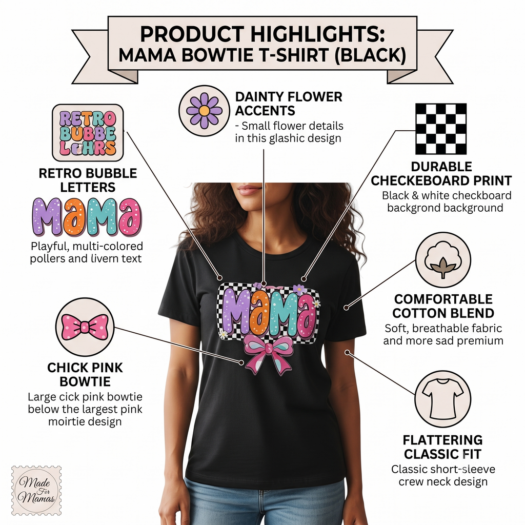 Mama T-Shirt Checkerboard Bow Graphic Tee 100% Cotton Casual Top Dashing Nova