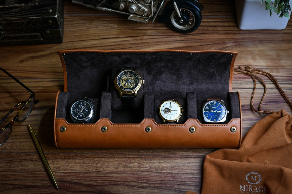 Luxury 4 Watch Travel Case | Full-Grain Cow Leather | Tawny Brown
