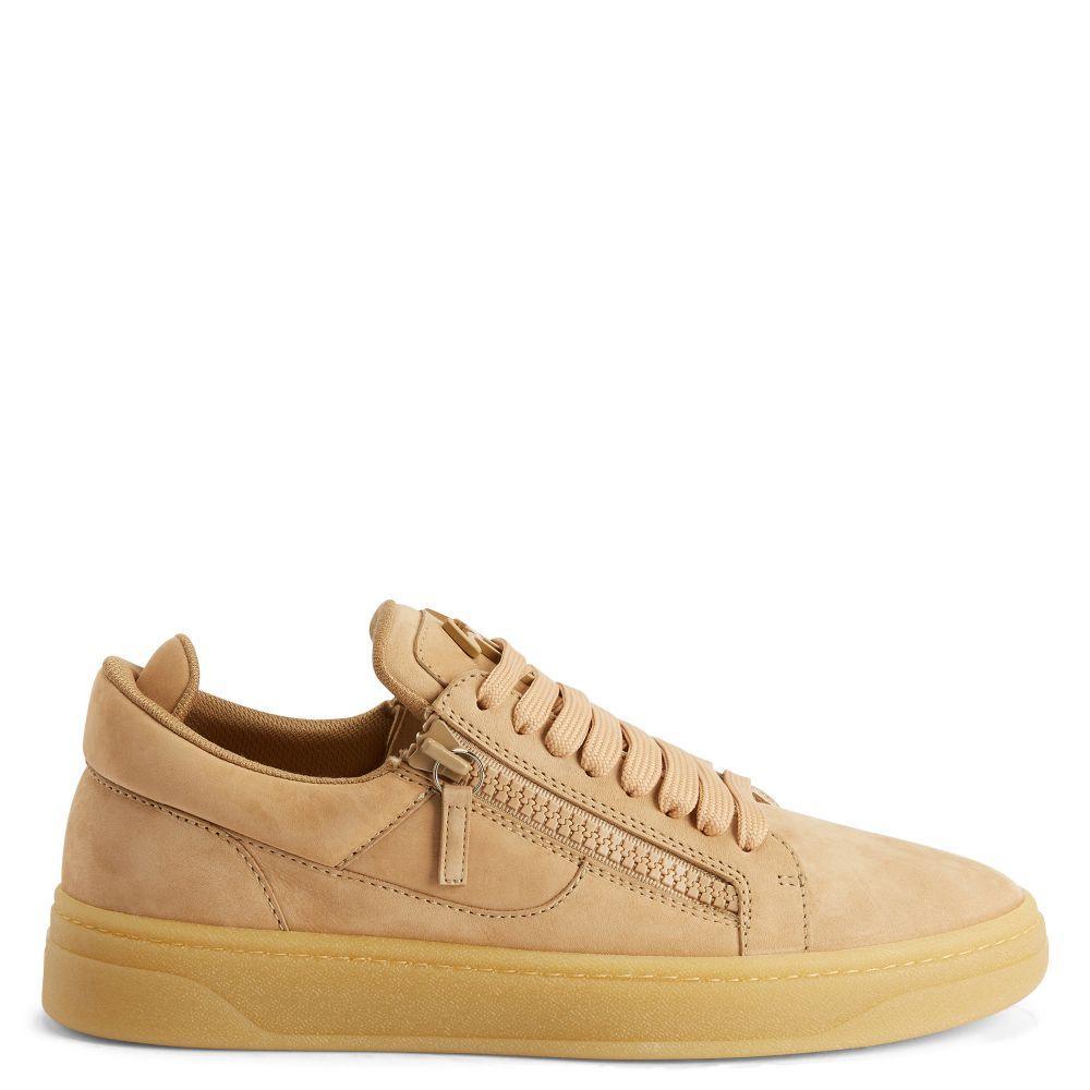 Giuseppe Zanotti GZ94 White Nubuck Low-Top Sneakers with Side Zippers and Honey Rubber Sole Banlieue91
