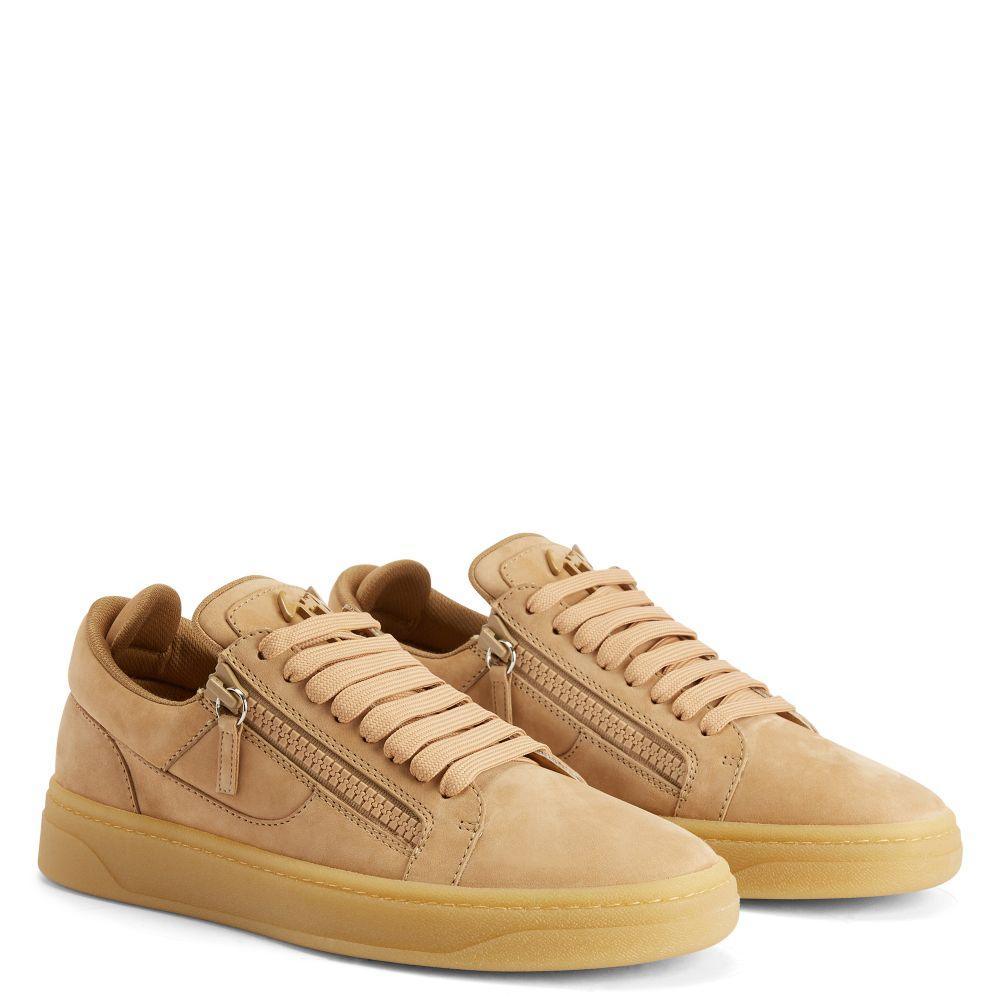 Giuseppe Zanotti GZ94 White Nubuck Low-Top Sneakers with Side Zippers and Honey Rubber Sole Banlieue91