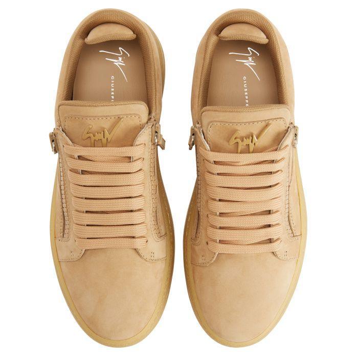 Giuseppe Zanotti GZ94 White Nubuck Low-Top Sneakers with Side Zippers and Honey Rubber Sole Banlieue91