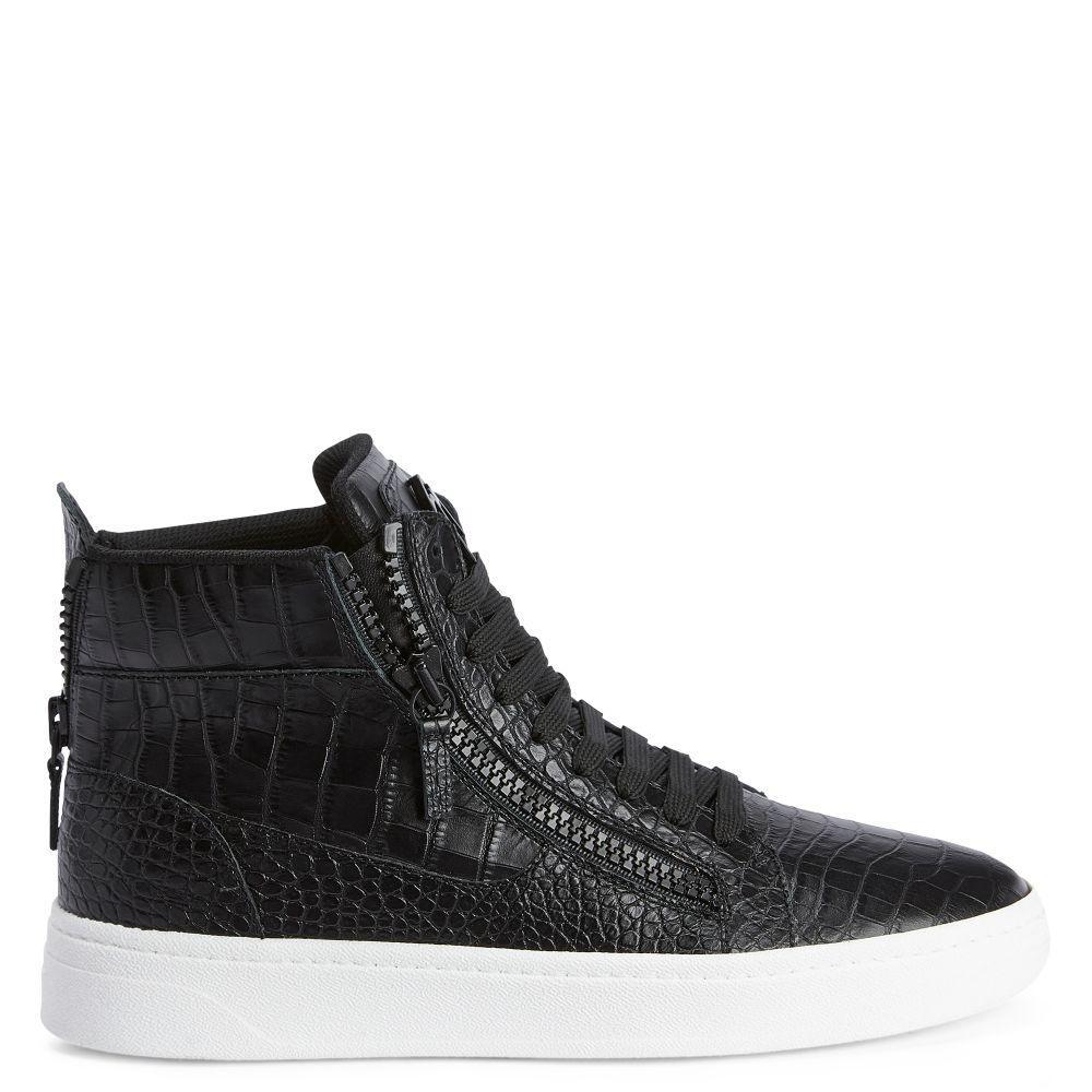Giuseppe Zanotti GZ94 High-Top Sneakers in Black Crocodile-Print Leather with Metal Signature Detail Banlieue91