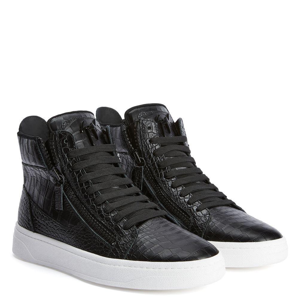 Giuseppe Zanotti GZ94 High-Top Sneakers in Black Crocodile-Print Leather with Metal Signature Detail Banlieue91