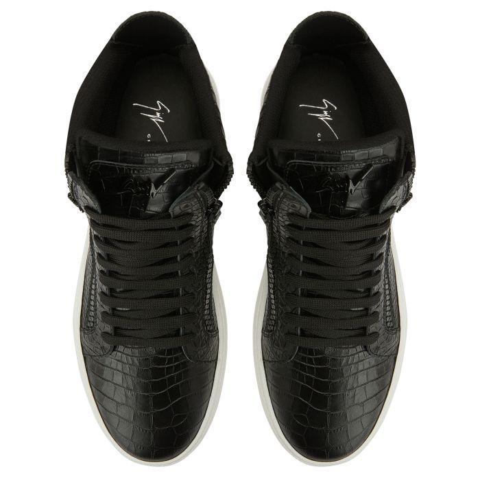 Giuseppe Zanotti GZ94 High-Top Sneakers in Black Crocodile-Print Leather with Metal Signature Detail Banlieue91