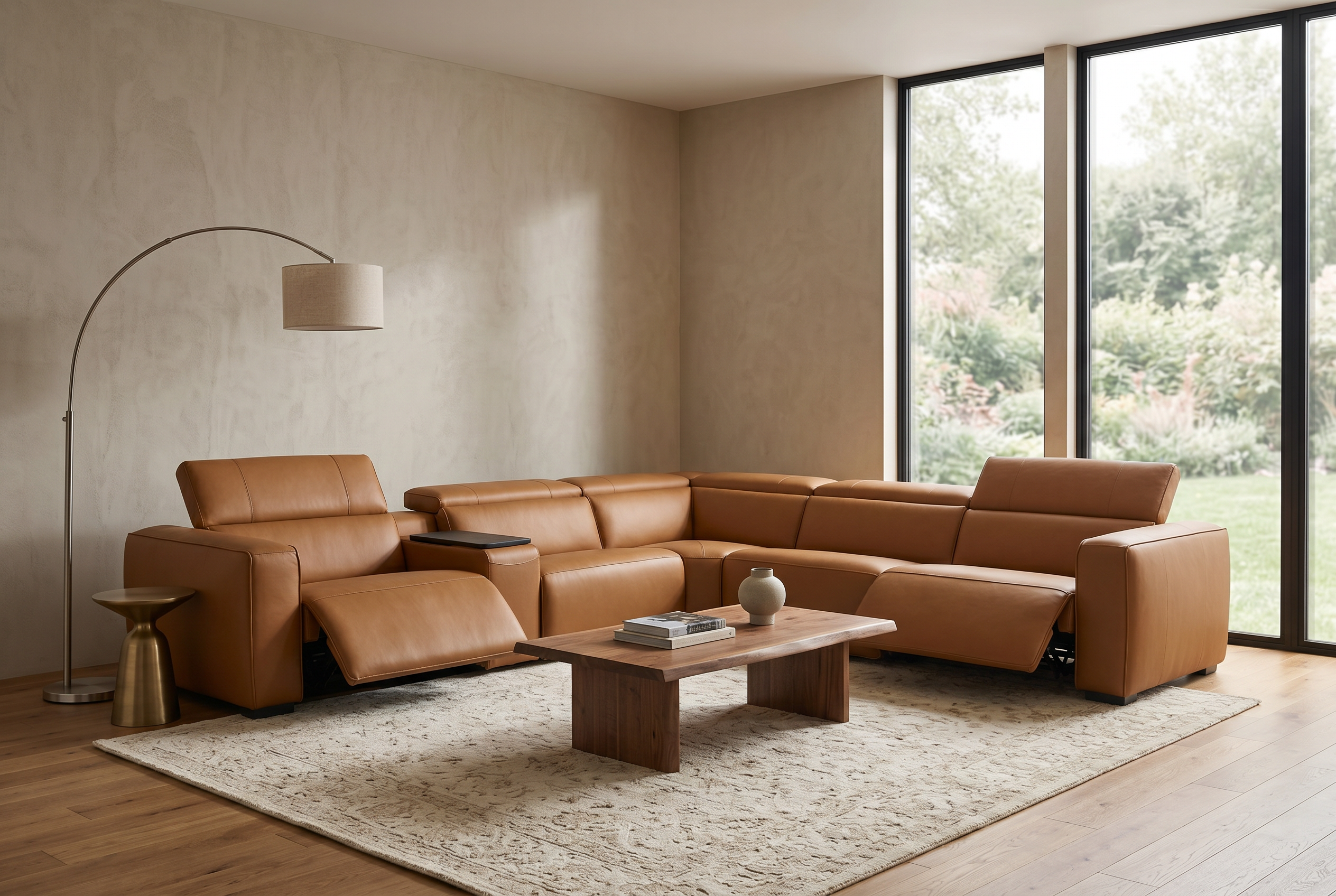 Rally Pro Caramel 6-Piece Power Reclining Sectional with Console and Immersive Sound System Ornate Furniture