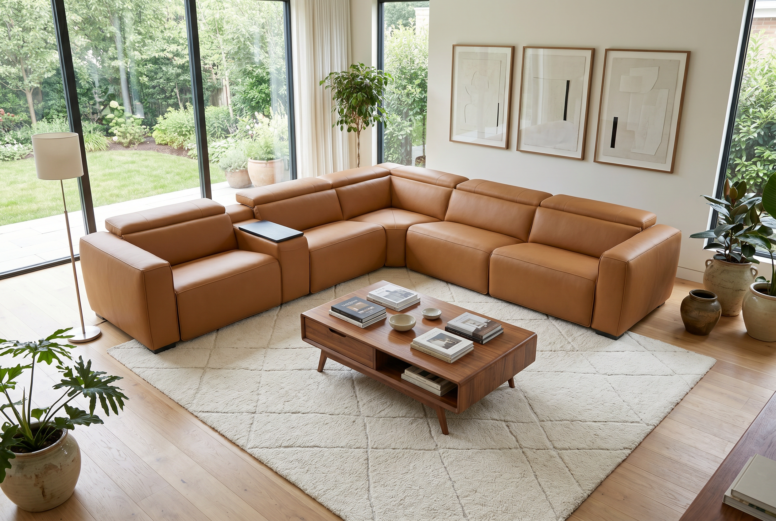 Rally Pro Caramel 6-Piece Power Reclining Sectional with Console and Immersive Sound System Ornate Furniture