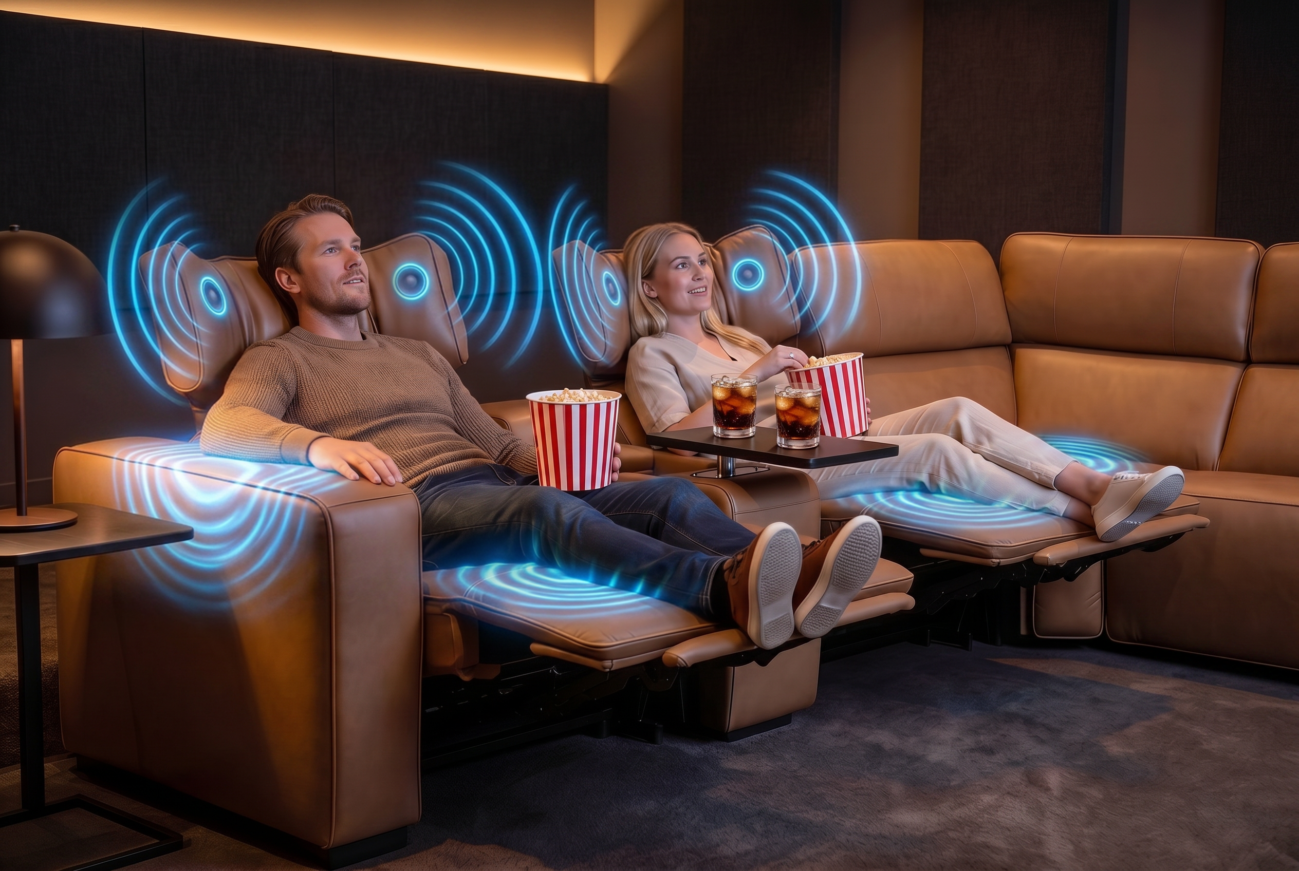 Rally Pro Caramel 6-Piece Power Reclining Sectional with Console and Immersive Sound System Ornate Furniture