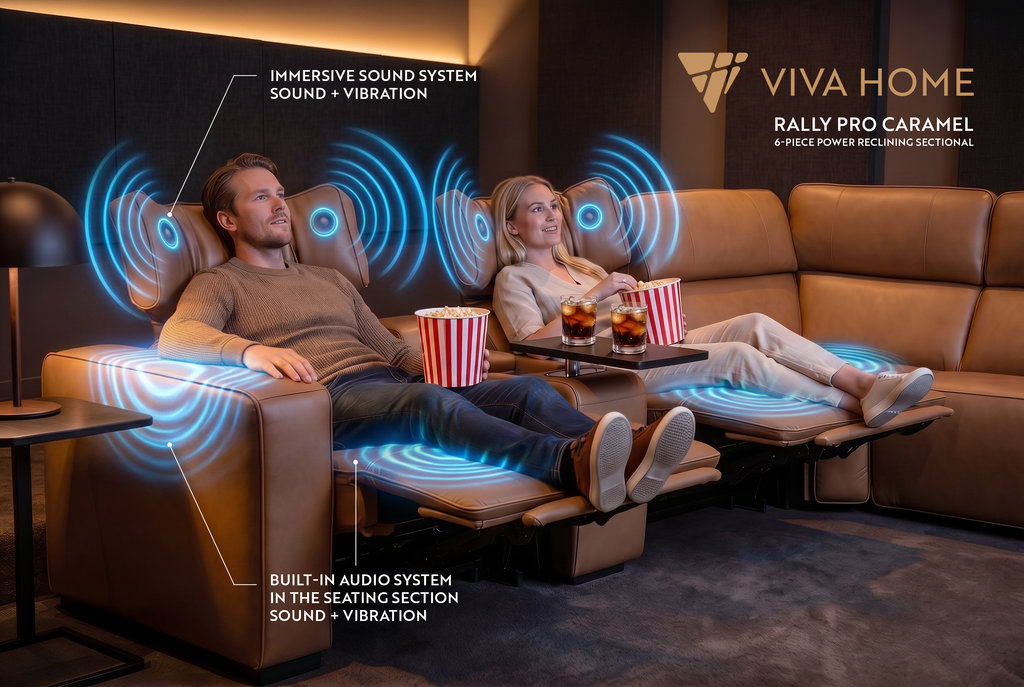 Rally Pro Caramel 6-Piece Power Reclining Sectional with Console and Immersive Sound System Ornate Furniture
