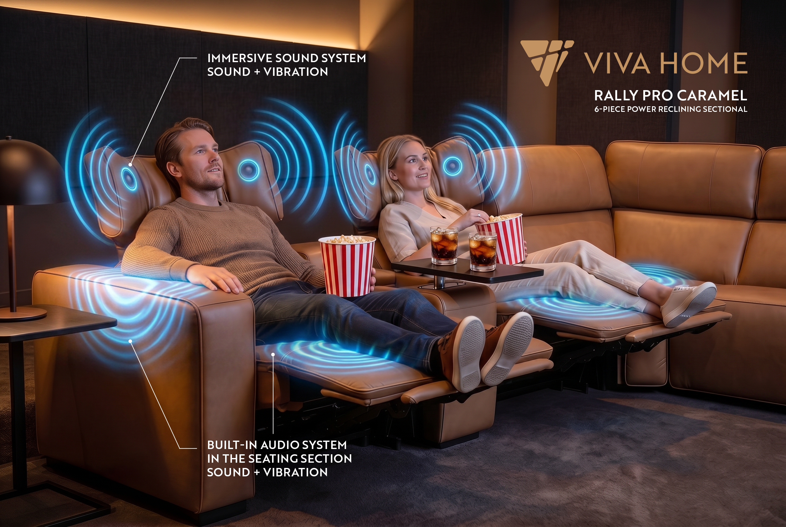 Rally Pro Caramel 6-Piece Power Reclining Sectional with Console and Immersive Sound System Ornate Furniture