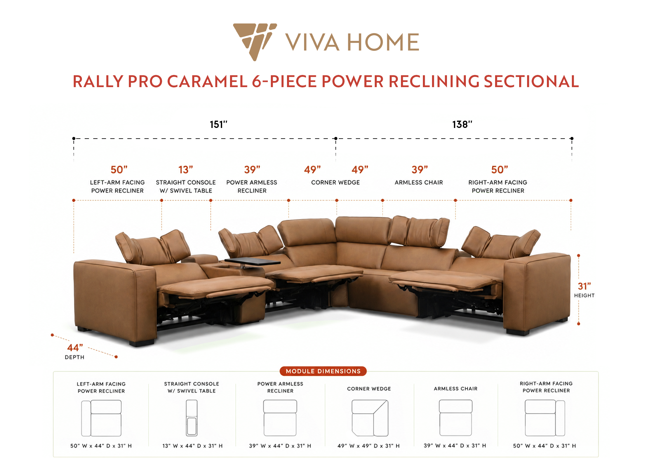 Rally Pro Caramel 6-Piece Power Reclining Sectional with Console and Immersive Sound System Ornate Furniture