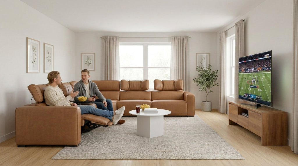 Rally Pro Caramel 6-Piece Power Reclining Sectional with Console and Immersive Sound System Ornate Furniture