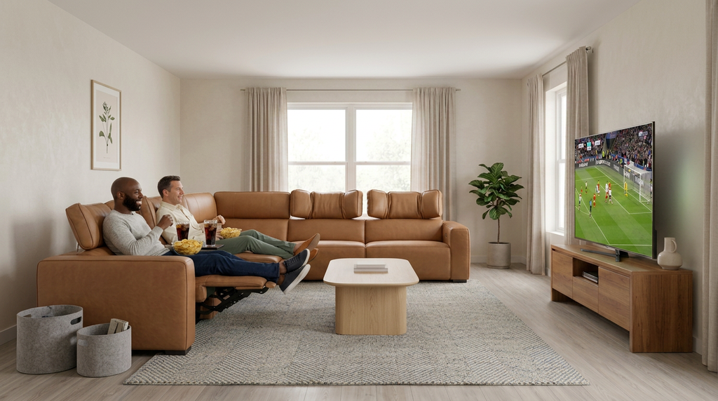 Rally Pro Caramel 6-Piece Power Reclining Sectional with Console and Immersive Sound System Ornate Furniture