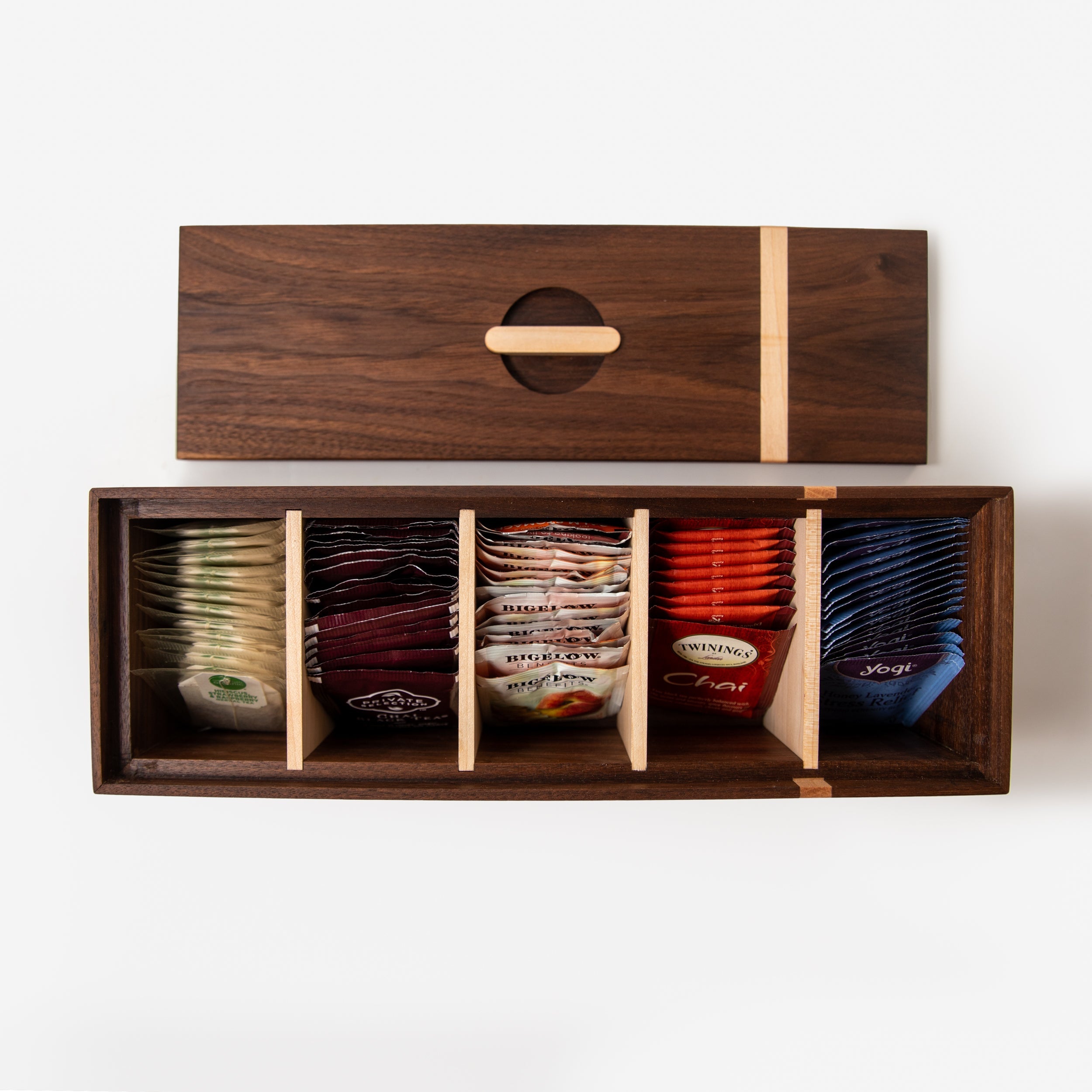 Tea Box - Black Walnut and Maple - 5 Compartments Red Ridge Woodworking