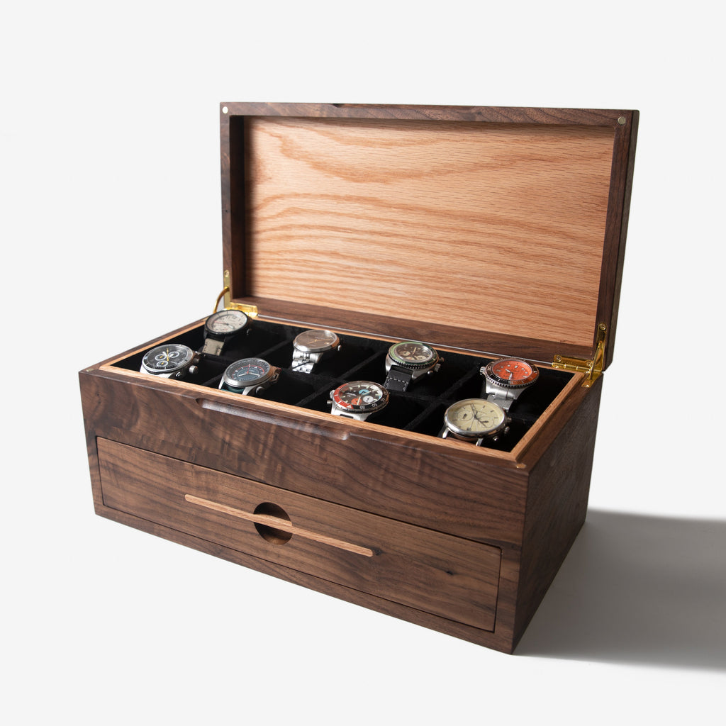 Watch Box with Drawer - Black Walnut and Oak - 12 to 16 Watch Compartments Red Ridge Woodworking