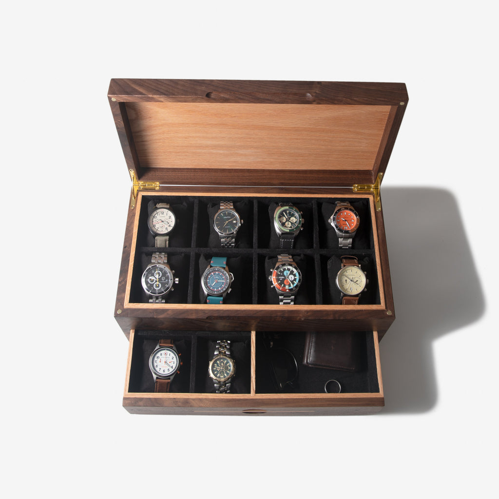 Watch Box with Drawer - Black Walnut and Oak - 12 to 16 Watch Compartments Red Ridge Woodworking