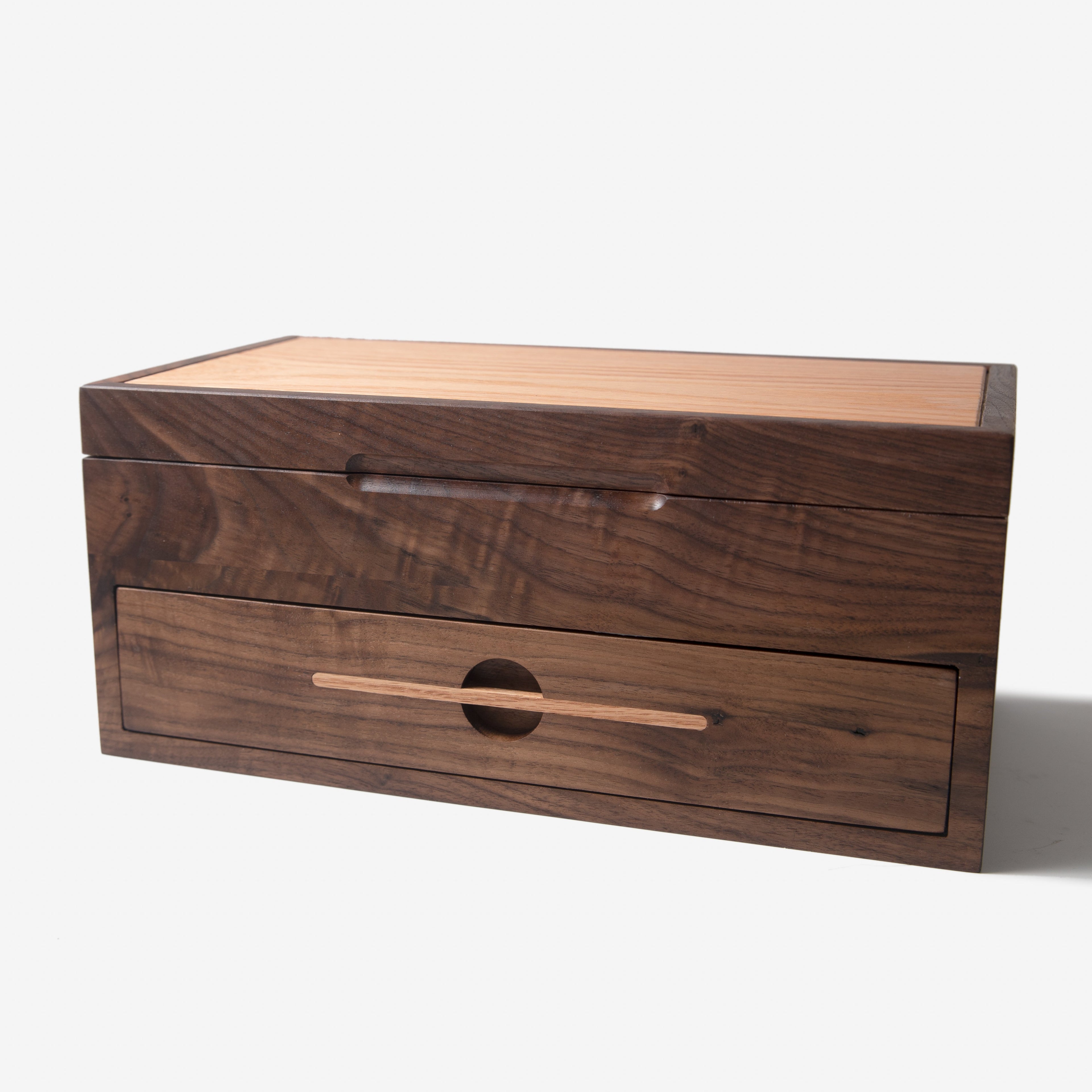Watch Box with Drawer - Black Walnut and Oak - 12 to 16 Watch Compartments Red Ridge Woodworking