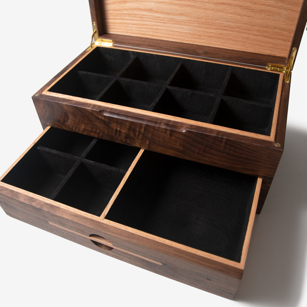 Watch Box with Drawer - Black Walnut and Oak - 12 to 16 Watch Compartments Red Ridge Woodworking