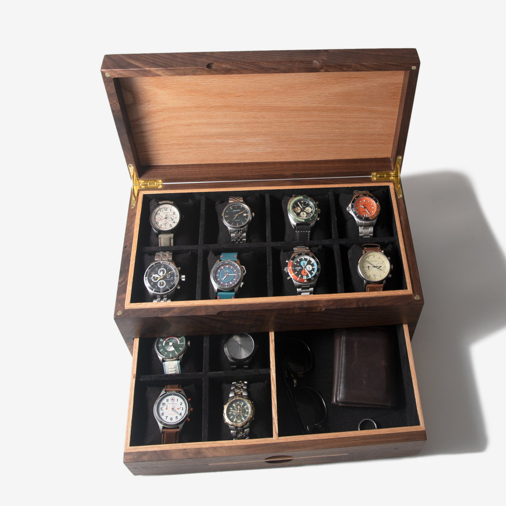Watch Box with Drawer - Black Walnut and Oak - 12 to 16 Watch Compartments Red Ridge Woodworking