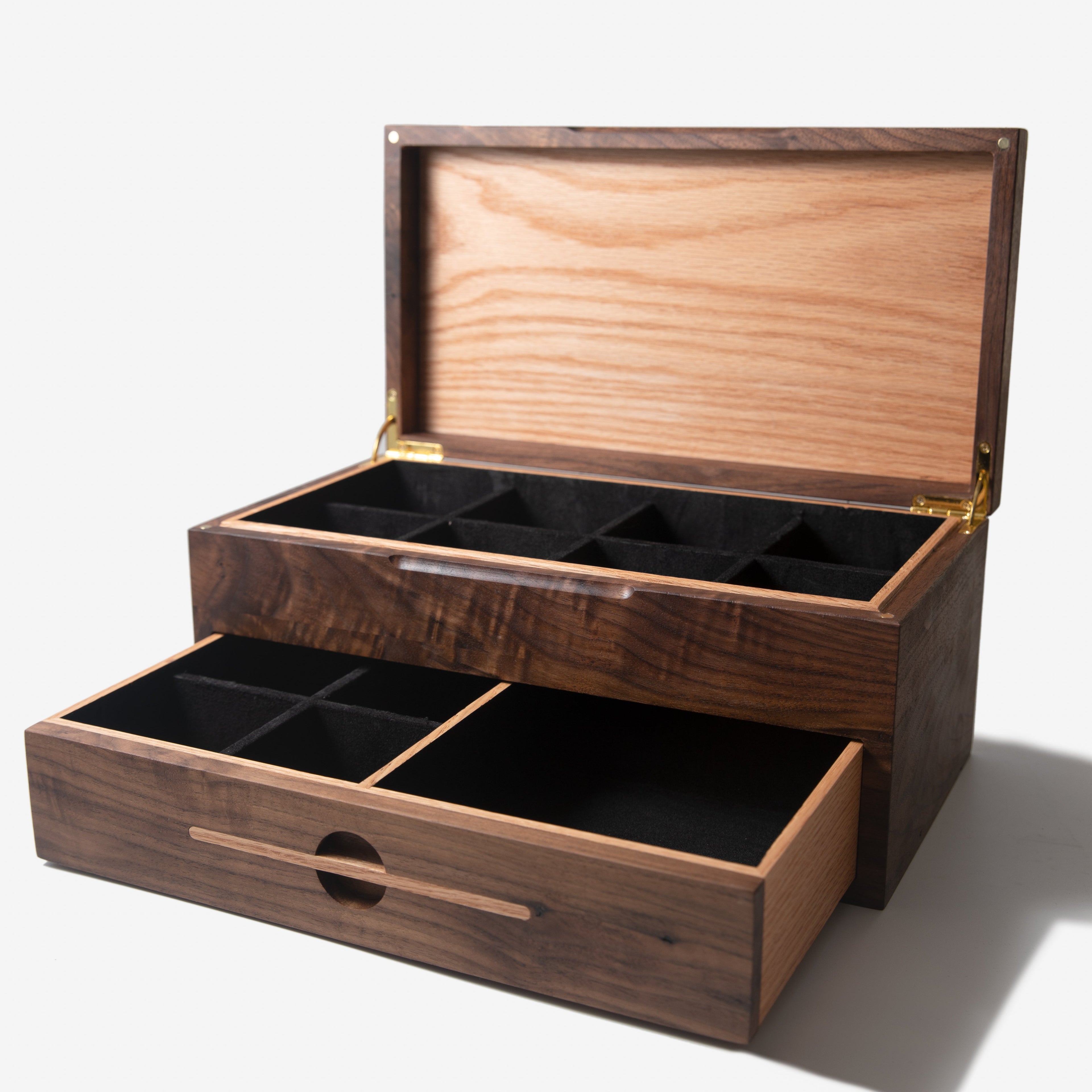 Watch Box with Drawer - Black Walnut and Oak - 12 to 16 Watch Compartments Red Ridge Woodworking