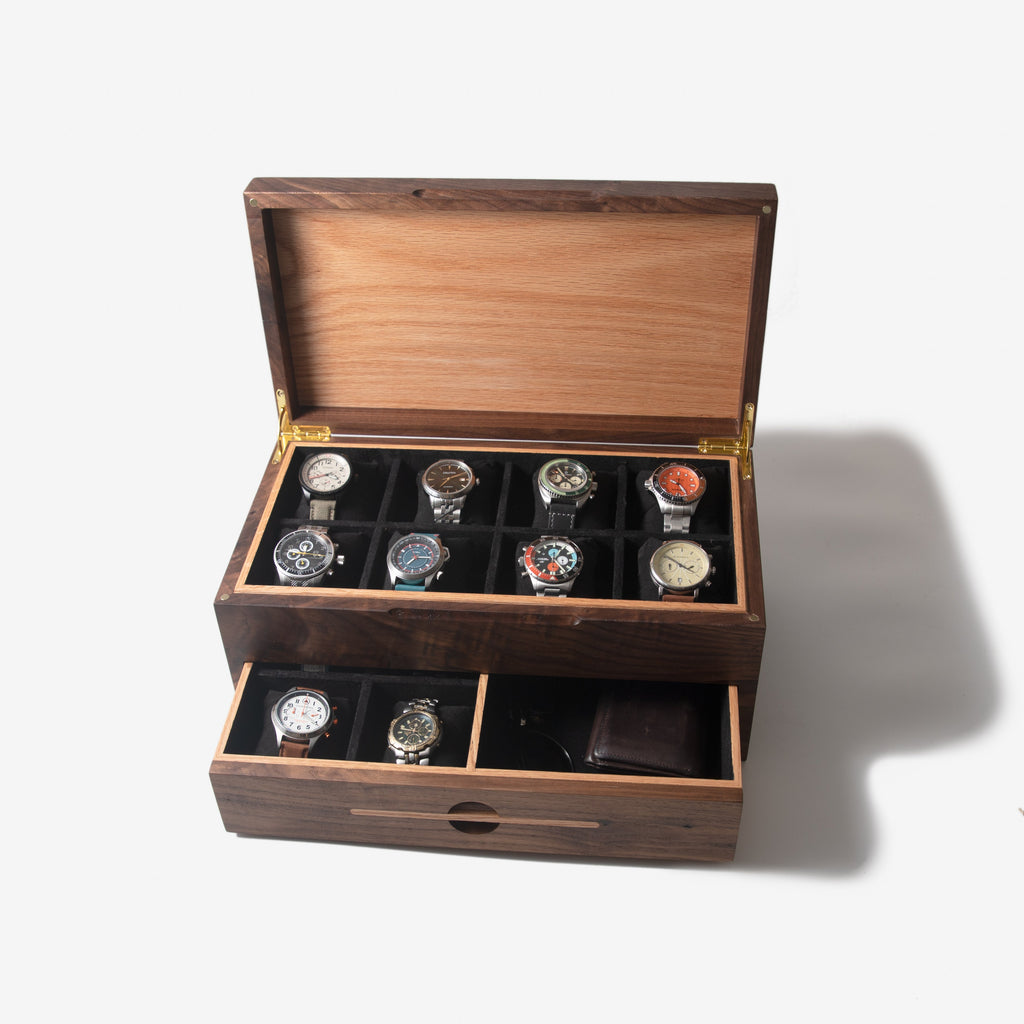 Watch Box with Drawer - Black Walnut and Oak - 12 to 16 Watch Compartments Red Ridge Woodworking