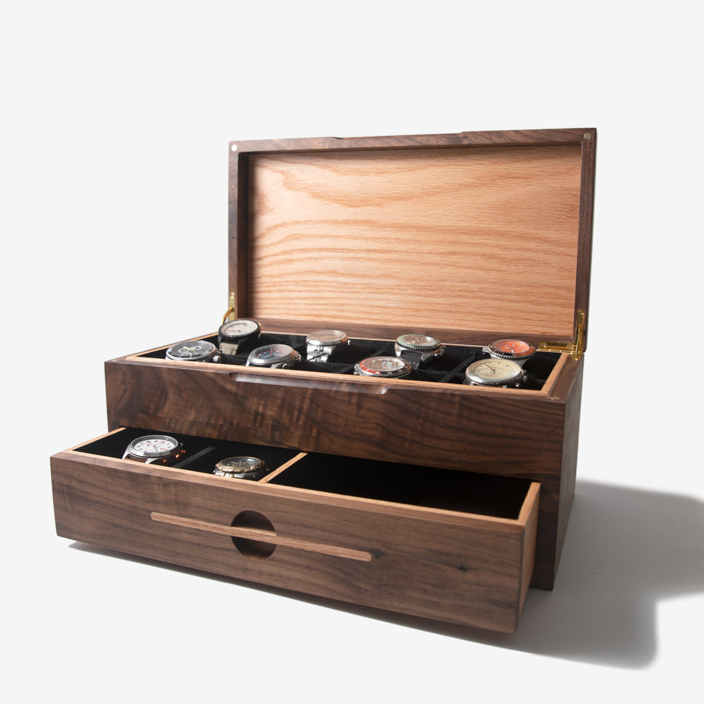 Watch Box with Drawer - Black Walnut and Oak - 12 to 16 Watch Compartments Red Ridge Woodworking