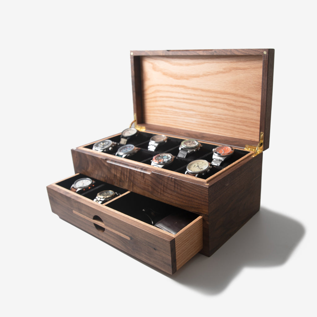 Watch Box with Drawer - Black Walnut and Oak - 12 to 16 Watch Compartments Red Ridge Woodworking
