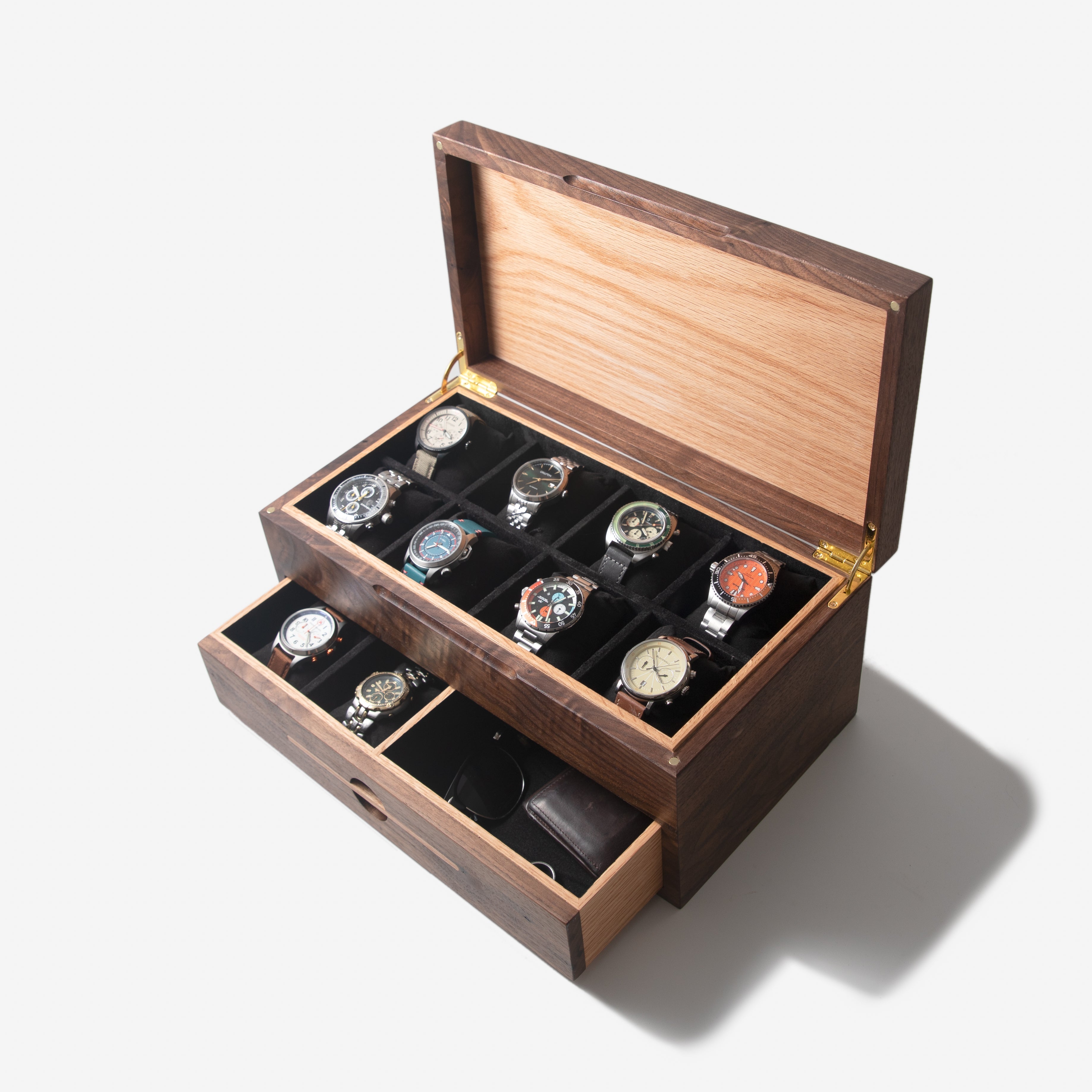 Watch Box with Drawer - Black Walnut and Oak - 12 to 16 Watch Compartments Red Ridge Woodworking