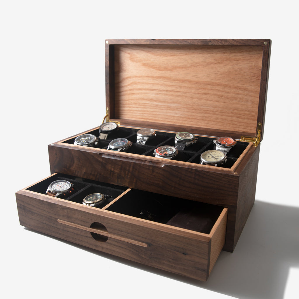 Watch Box with Drawer - Black Walnut and Oak - 12 to 16 Watch Compartments Red Ridge Woodworking