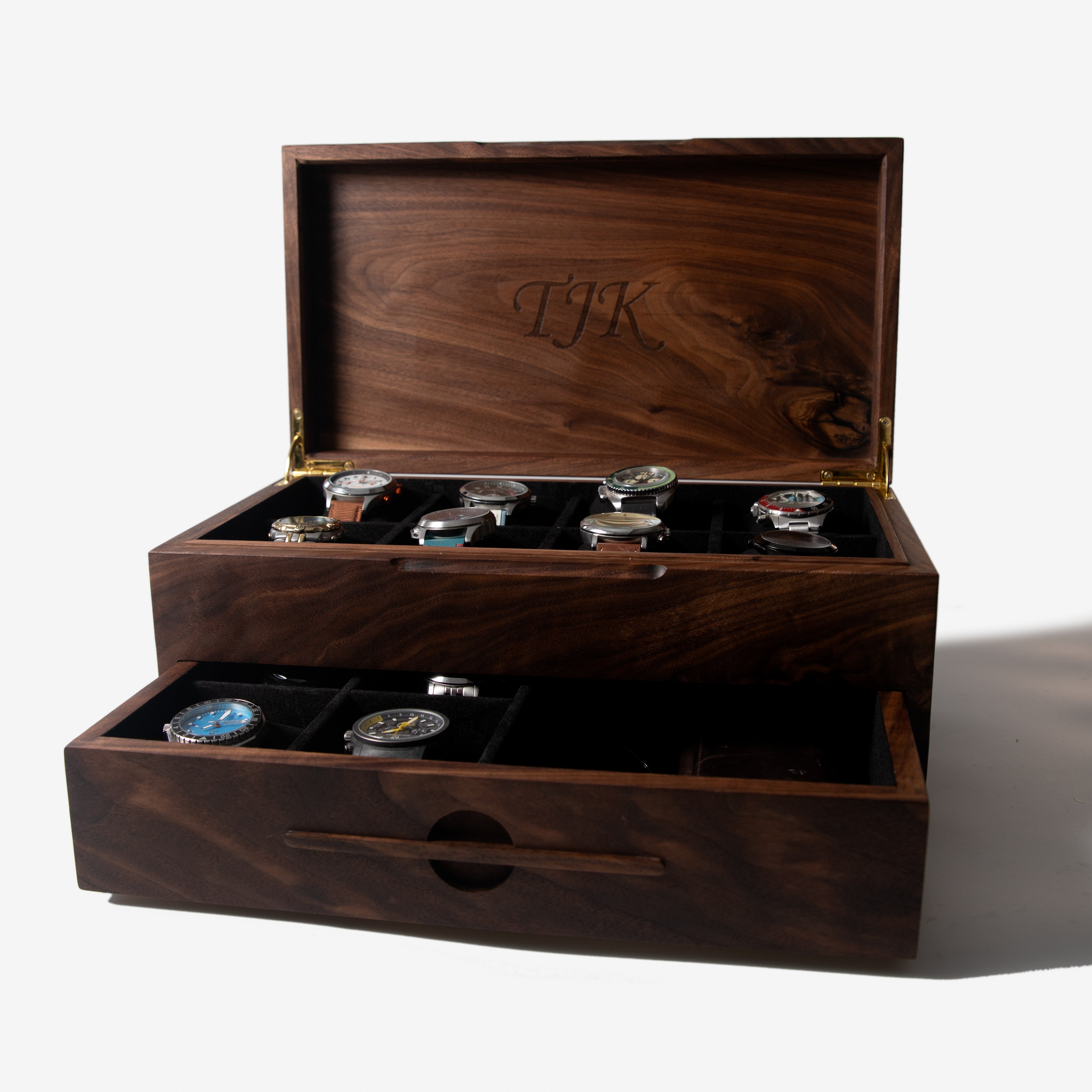 Watch Box with Drawer - Solid Black Walnut - 12 to 16 Watch Compartments Red Ridge Woodworking
