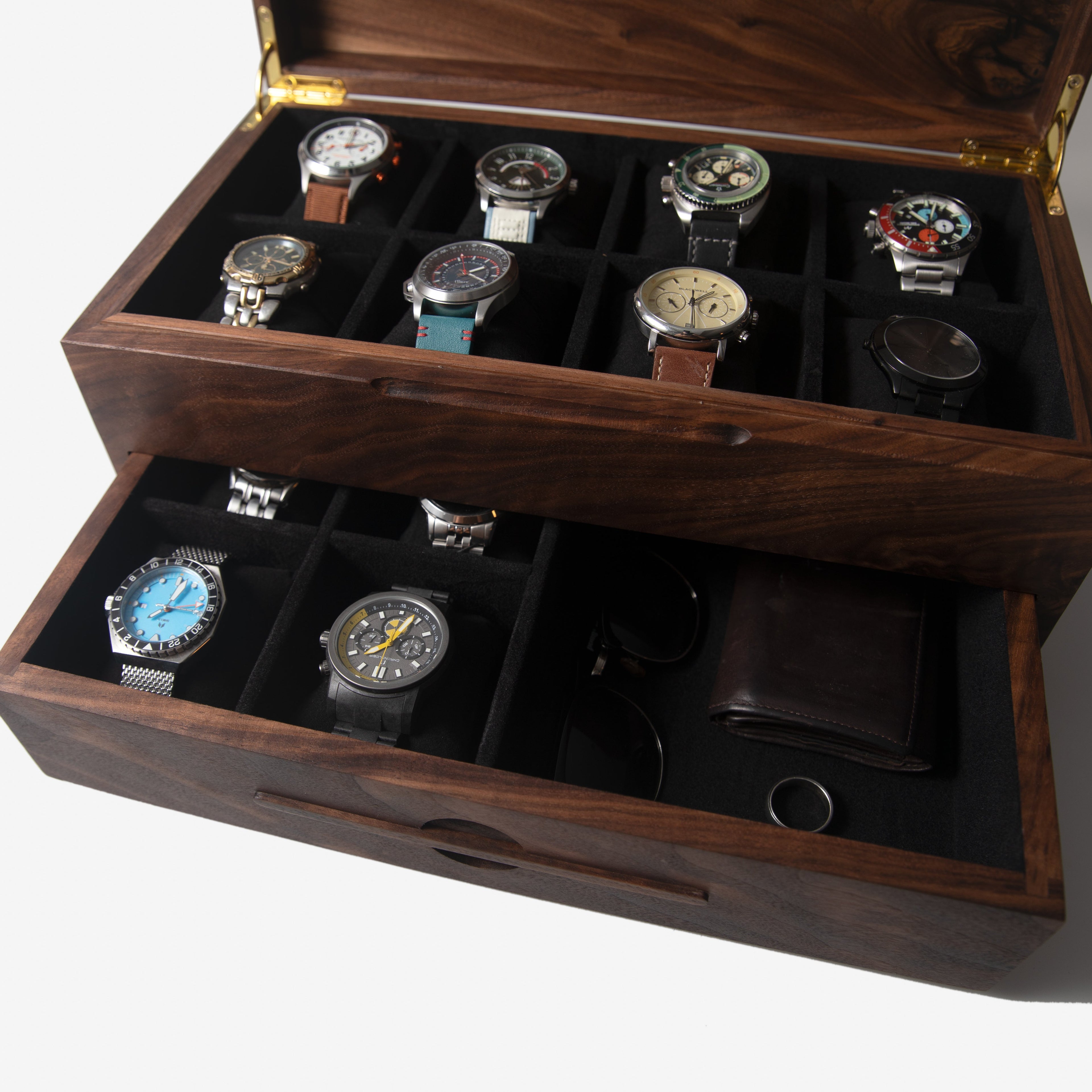 Watch Box with Drawer - Solid Black Walnut - 12 to 16 Watch Compartments Red Ridge Woodworking
