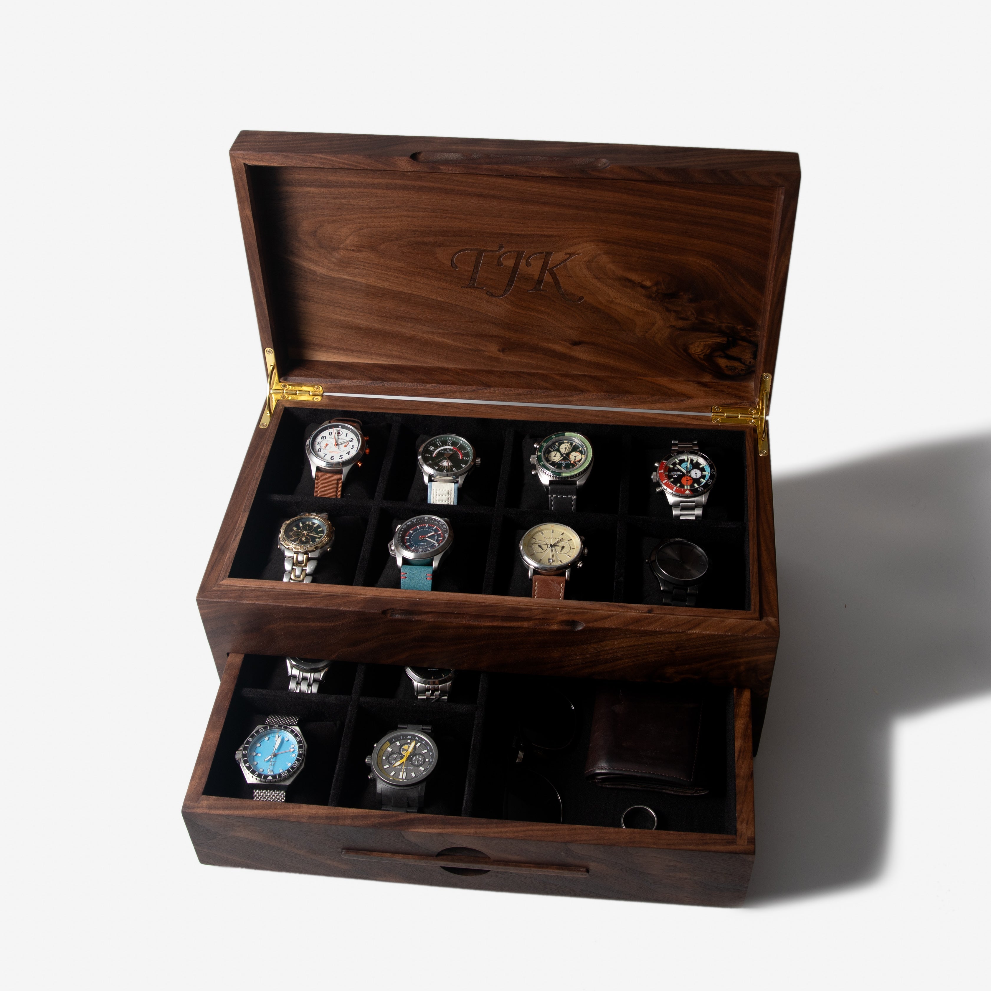 Watch Box with Drawer - Solid Black Walnut - 12 to 16 Watch Compartments Red Ridge Woodworking
