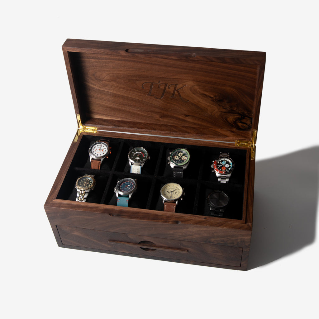 Watch Box with Drawer - Solid Black Walnut - 12 to 16 Watch Compartments Red Ridge Woodworking