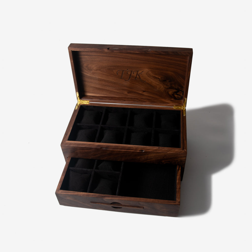 Watch Box with Drawer - Solid Black Walnut - 12 to 16 Watch Compartments Red Ridge Woodworking