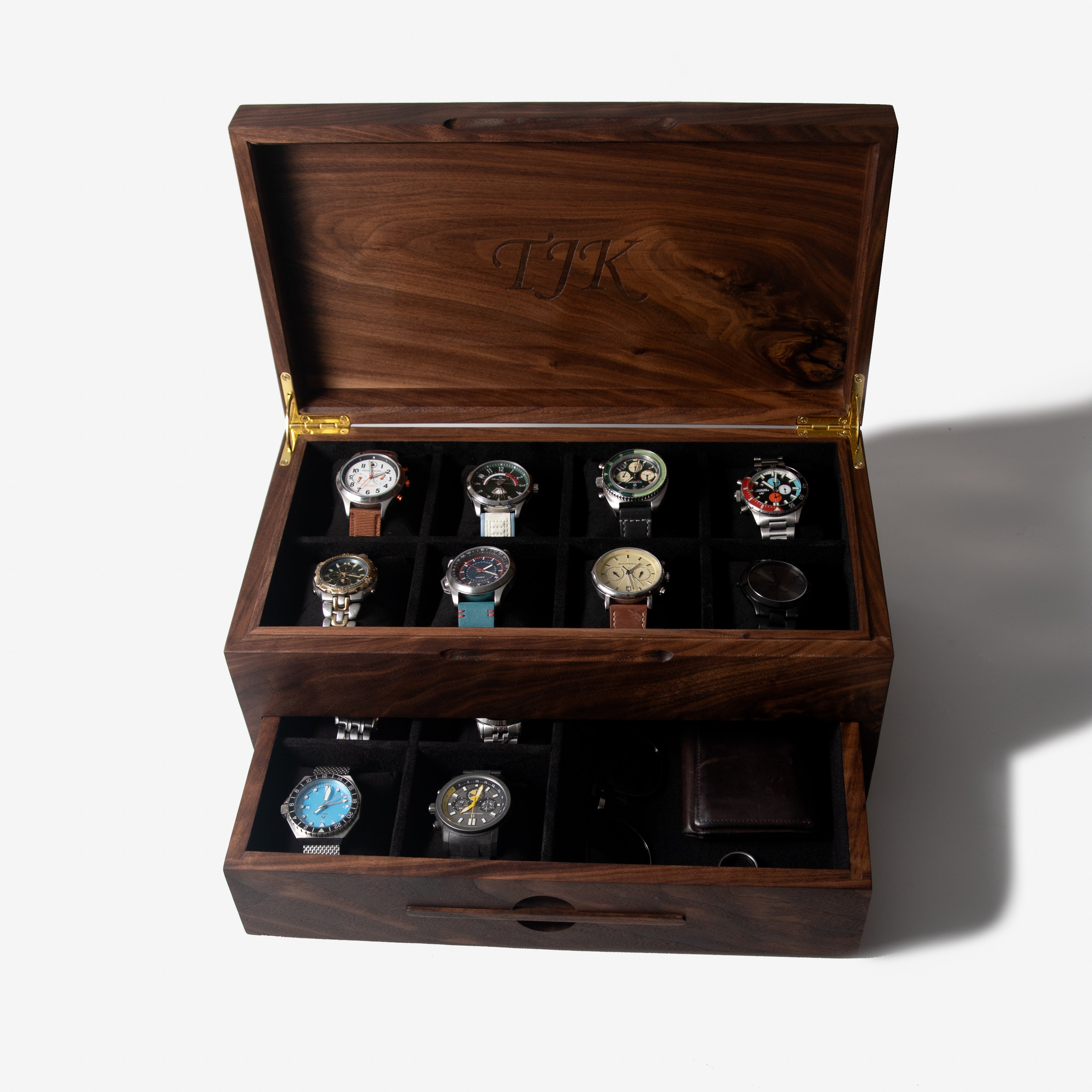 Watch Box with Drawer - Solid Black Walnut - 12 to 16 Watch Compartments Red Ridge Woodworking