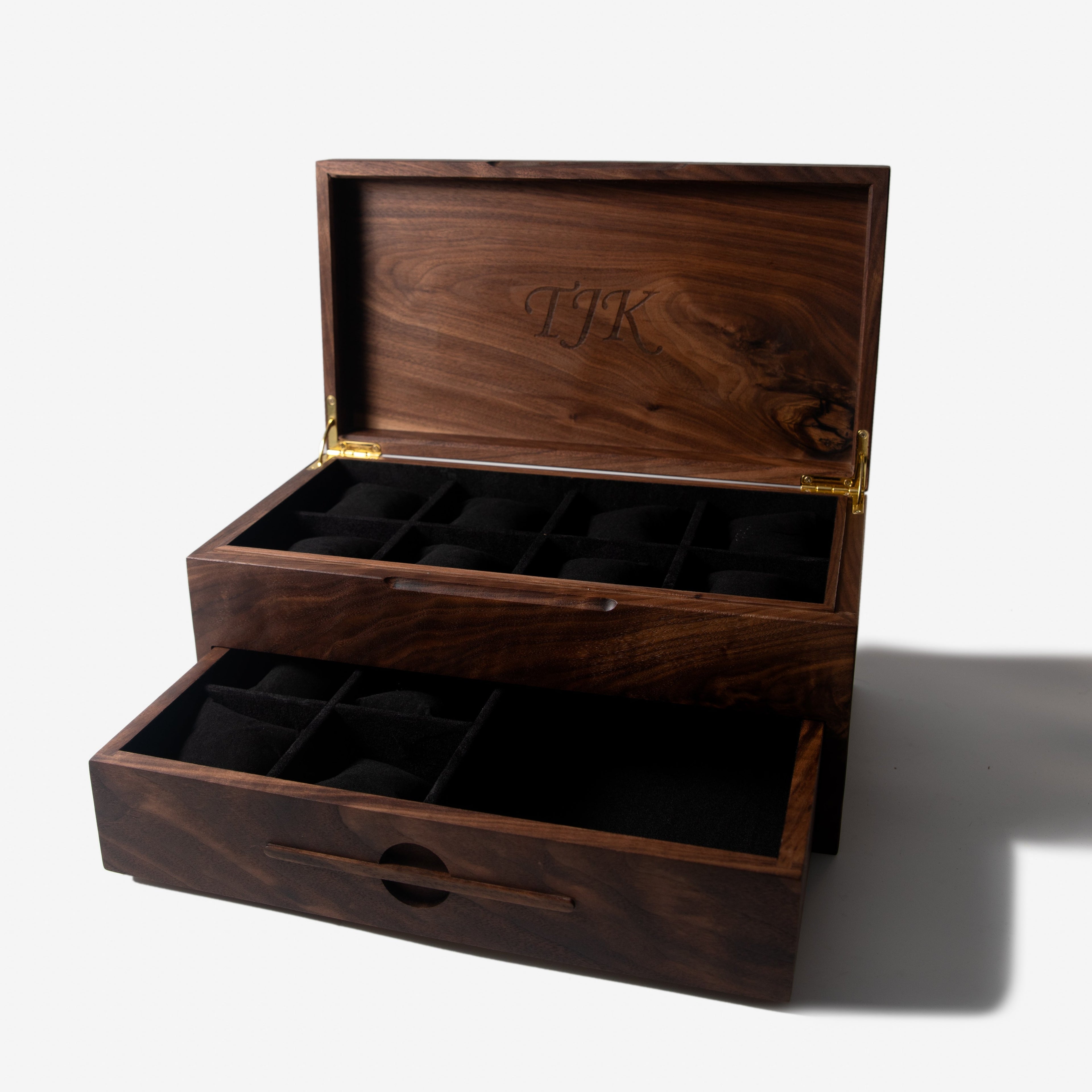 Watch Box with Drawer - Solid Black Walnut - 12 to 16 Watch Compartments Red Ridge Woodworking