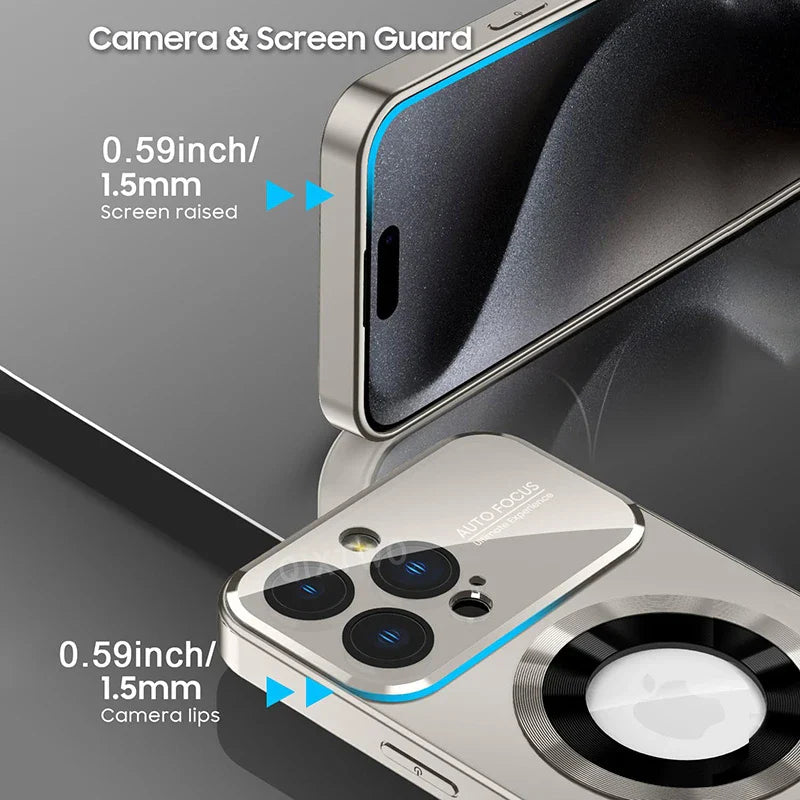 Luxury Glass Camera Lens Case for MagSafe Magnetic Wireless Charging, Shockproof Cover for iPhone 11 12 13 14 15 16 Pro Max Plus