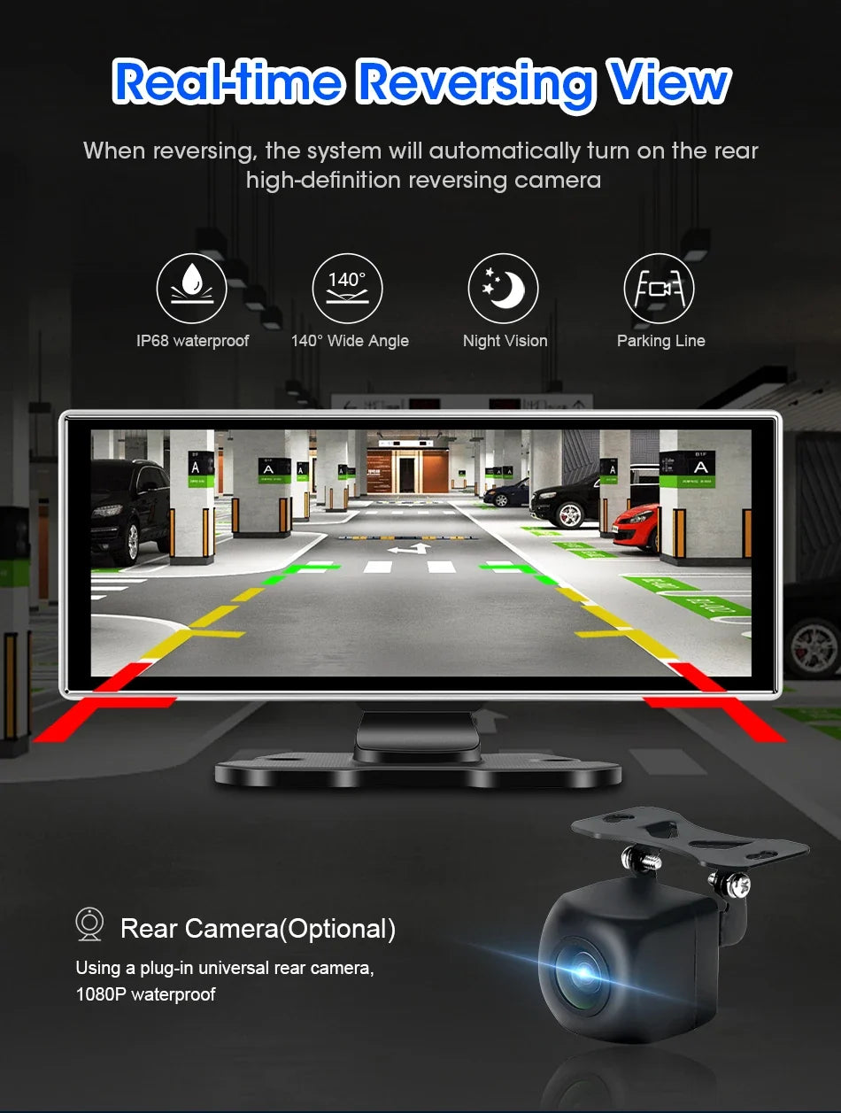 11.26 inch Dash Cam 4K Car DVR Wireless CarPlay & Android Auto GPS Navigation Video Recorder Dashboard Dual Lens WIFI FM AUX