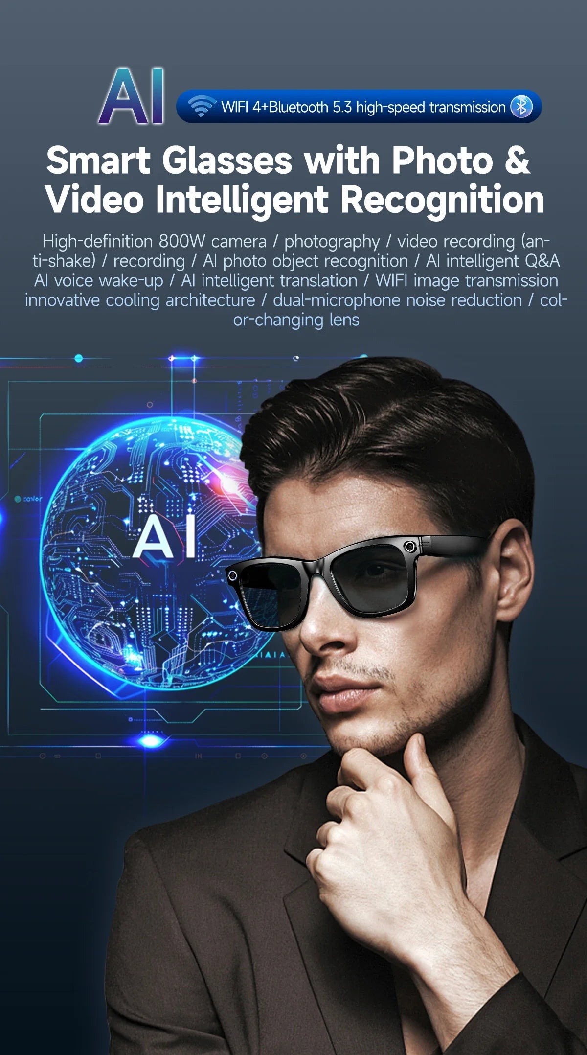 GUHUAVMI AI Smart Glasses with 8MP Camera Video Recording 100+ Languages Translation Sunglasses Bluetooth Call Music Play