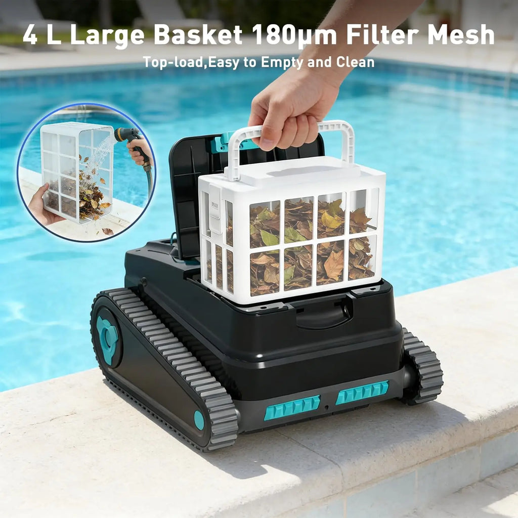 Cordless robotic pool cleaner for above-ground and in-ground pools; features automatic parking; maximum cleaning coverage of 19.8 meters / 1,100 square meters (tracked model). FLIPSTYLEZLLC