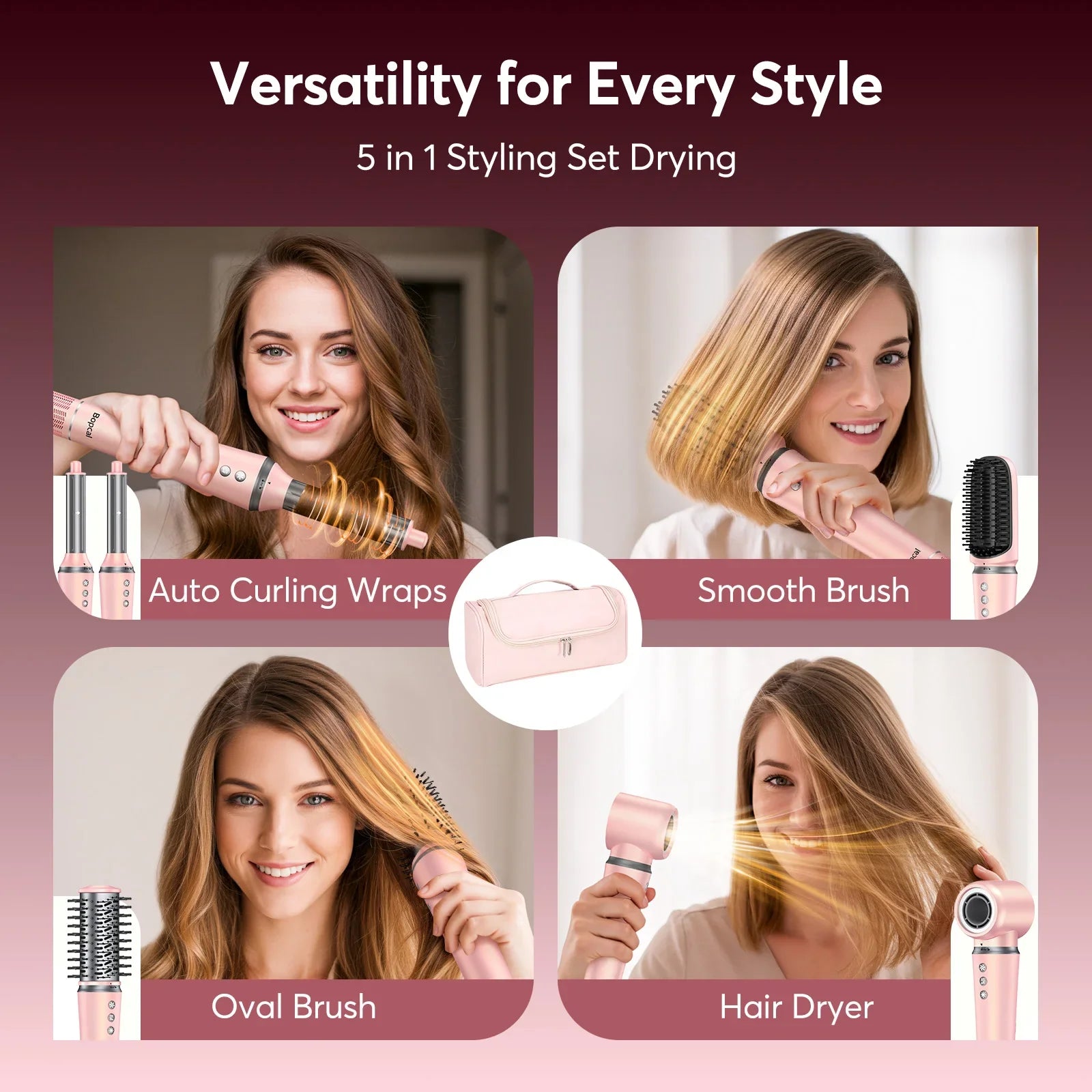 5 in 1 High-Speed Hot Air Styler Frizz-Free Fast Drying No Heat Damage Hair Dryer Curl Volumize Straighten with Travel Bag FLIPSTYLEZLLC