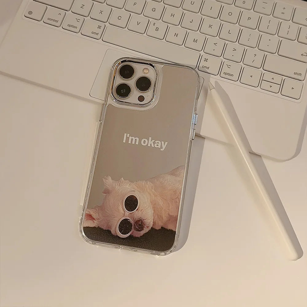 Ins Sunglass Dog Pattern Electroplated Makeup Mirror Phone Case For iPhone