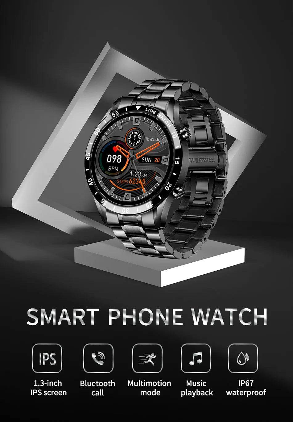 LIGE Smart Watch Men Full Circle Touch Screen Bluetooth Call Men Smartwatch Waterproof Sport Activity Fitness Watch+Box
