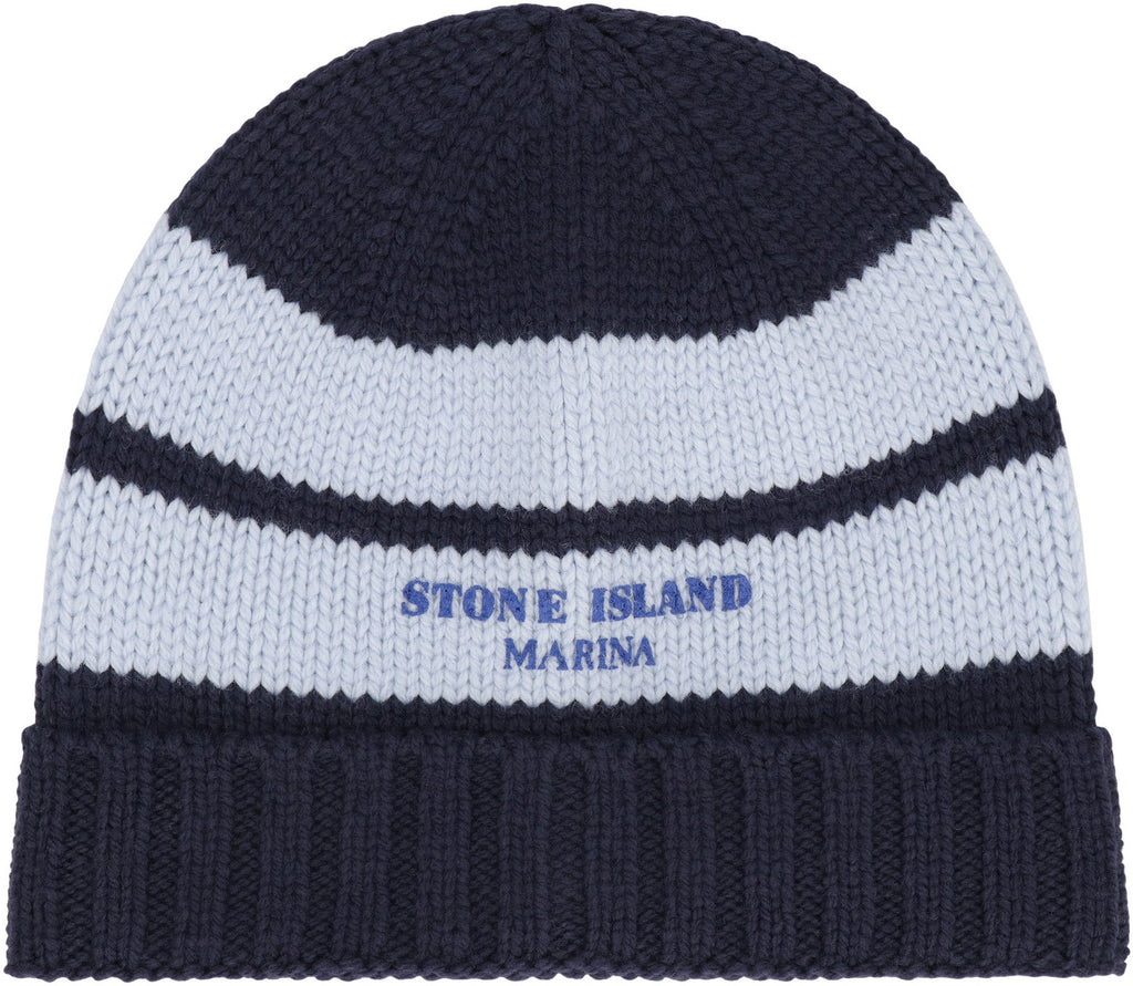 STONE ISLAND Wool Knit Hat with Contrast Stripes and Ribbed Cuff