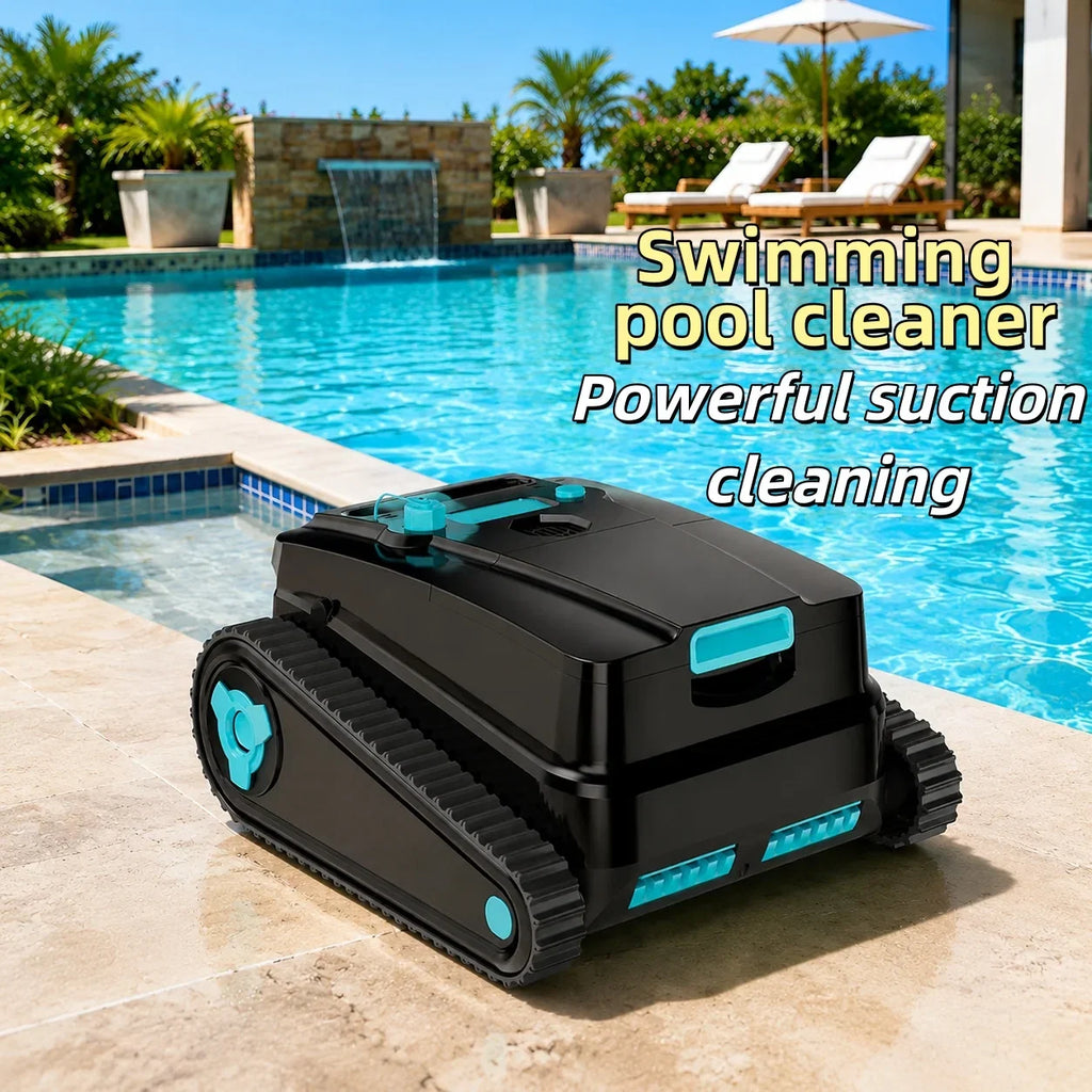 Cordless robotic pool cleaner for above-ground and in-ground pools; features automatic parking; maximum cleaning coverage of 19.8 meters / 1,100 square meters (tracked model). FLIPSTYLEZLLC