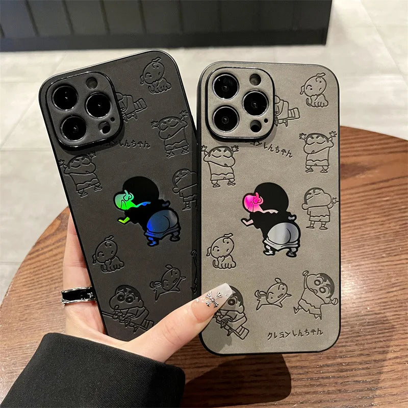 Cartoon Crayon Shin-chan Leather Texture Laser Phone Case For iPhone